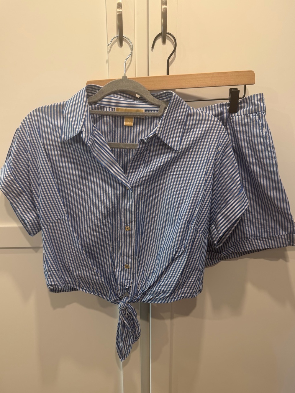Women’s Striped Blue Tie-Front Shirt and Shorts Set